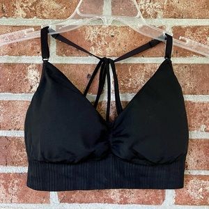 ATHLETA Womens M Black Strappy Caged Back V-Neck Athletic Sports Bra - NICE!